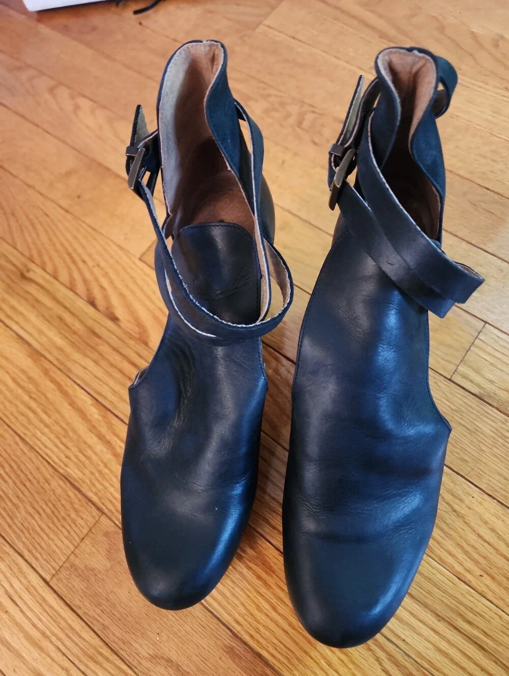 Free People Black Cedar Leather Cutout Platform Pumps with Brown Wood Heel